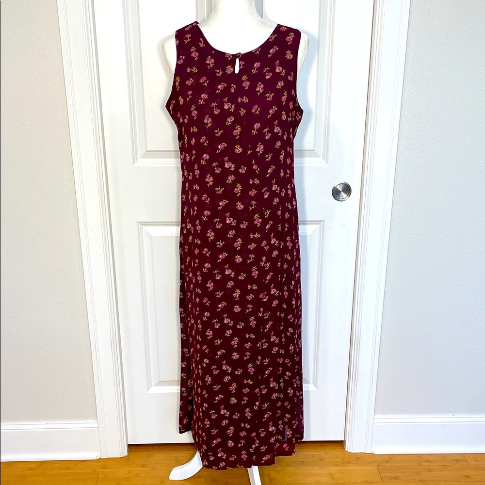 April Cornell Midi Dress Size Small Maroon Floral Sleeveless Vintage